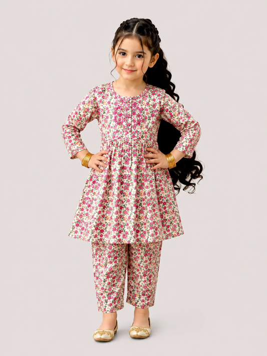 Rosy Bloom Premium Lawn Cotton Co-Ord Set for Girls