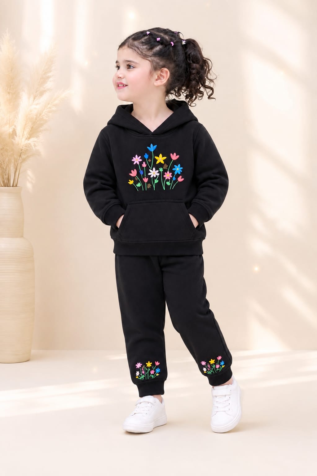 Girls Black Floral Printed Hoodie | Stylish Winter Outfit for Kids