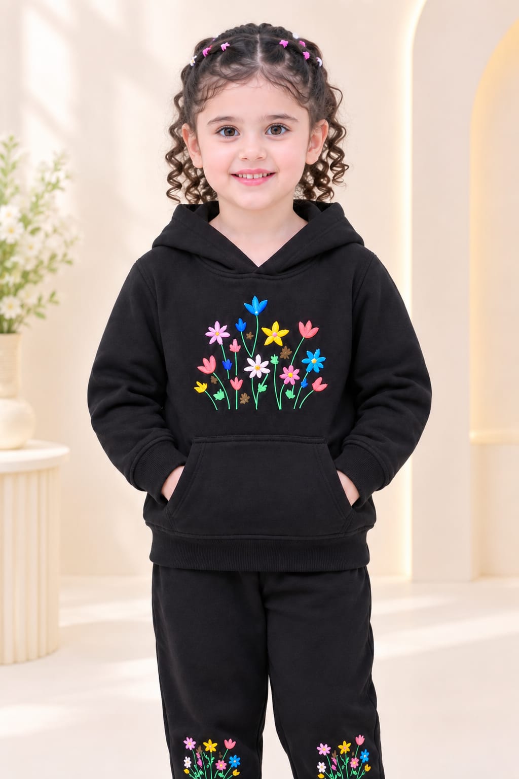 Girls Black Floral Printed Hoodie | Stylish Winter Outfit for Kids