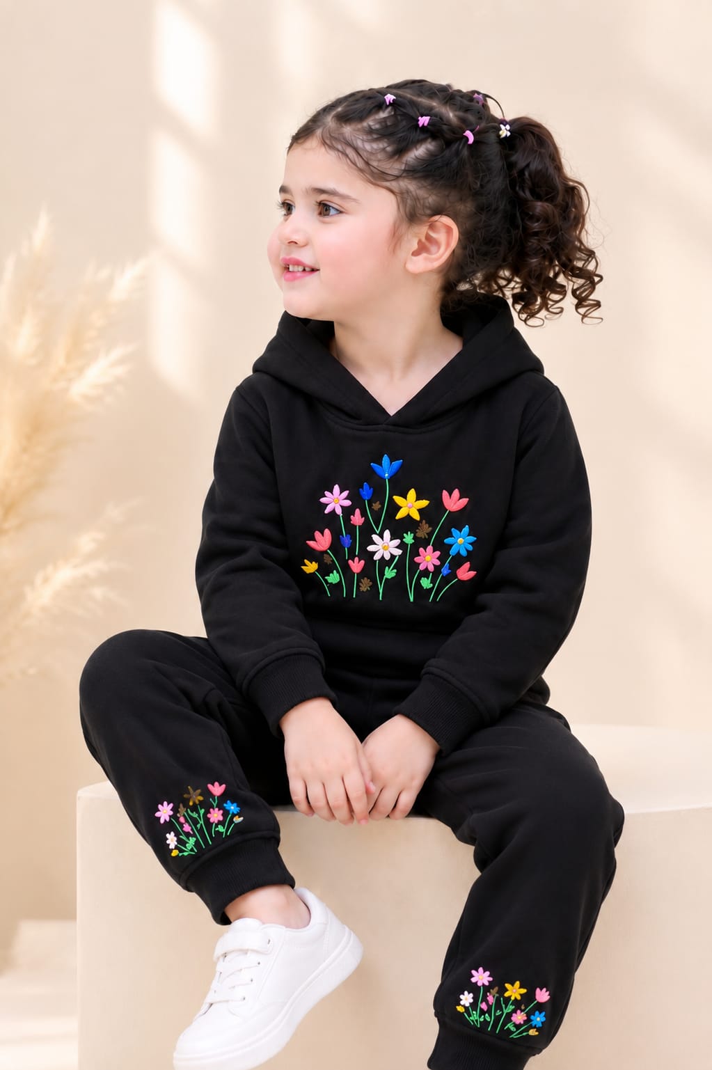 Girls Black Floral Printed Hoodie | Stylish Winter Outfit for Kids